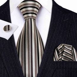 Neck Ties Fashion Designer Gold Striped Men Tie Gold Brooches Silk Tie Handkerchief Set Neck Tie For Men Groom Gift Business BarryWang
