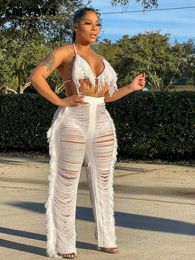 Women's Two Piece Pants CM.YAYA Sexy Beach White Women 2pcs Set Tassel Crop Tops and Hole Wide Leg Pants Set Sweatsuit Tracksuit Two Piece Set Outfits 230225