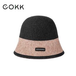 HBP COKK Wide Brim Winter Autumn Knitted Hats for Women Thick Warm Bucket Cap Fisherman Hat Gorro Colour Matching Korean New P230327