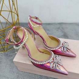 Iridescent Pink High Heels Dress Shoes Butterfly Diamond Pearl Fashion Leather Model Catwalks Sandals