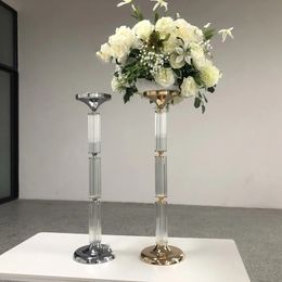 Decoration New design crystal tall clear acrylic gold sliver cylinder flower ball stands for big wedding decoration imake614