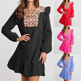 Casual Dresses Ladies V Neck Long Sleeve Elegant Dress Embroidered Boho Short Cotton