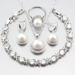 Necklace Earrings Set Amazing Round Freshwater Pearls Natural White Zircon Silver Colour For Women Christmas Gift Costume