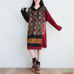 Casual Dresses Loose Knitted Cotton Women Autumn Print Bat Sleeve Dress Oversized Irregular Hooded Plus Size Vintage Baggy