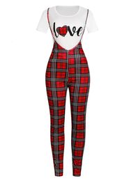 Women's Two Piece Pants LW Women Two Piece Love Plaid Letter Print Overall Set Short Sleeve ShirtSheath Overalls Matching Outfits 230225