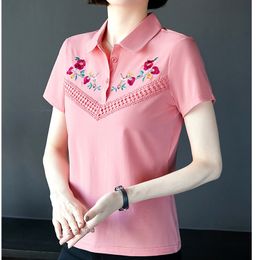 Women's Blouses Shirts Spring Summer Mature Cotton Flower Embroidered Polo Shirt Women Fashion Casual Polo Shirt Woman Colourful Rib 230225