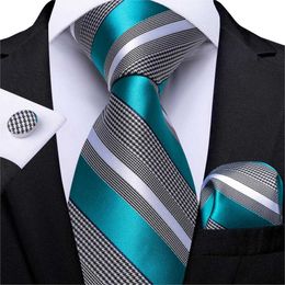 Neck Ties Gift Men Tie Teal Blue White Striped Silk wedding Tie For Men DiBanGu Designer Hanky Cufflink Quality Men Tie Set Business 7339 J230225