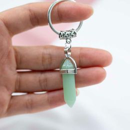 Wholesale Chakra Hexagon Prism Natural Stone Keychain Key Ring Handbag Hangs Fashion Jewelry Gift Drop Ship