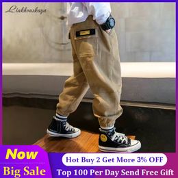 Jeans Boys Cargo Pants Cotton Korean Casual Children Spring Autumn Trousers Splicing Large Pockets 4 13 Years 230224