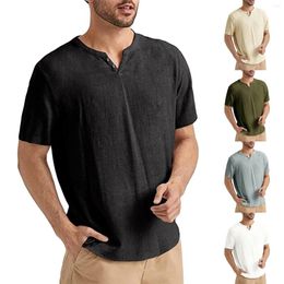 Men's T Shirts Men Male Casual Cotton Linen Shirt Loose Tops Short Sleeve Cardigan Summer V Neck