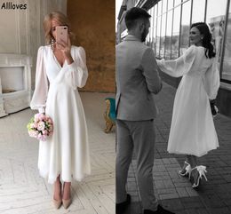 Flowying Chiffon A Line Short Wedding Dresses For Women Sexy V Neck Summer Beach Bridal Gowns With Long Sleeves Tea Length Simple Second Reception Dance Dress CL1917