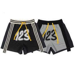 Fashion R123 High Street Fog Drawstring Loose Casual Capris Embroidered Mesh Breathable Sports Shorts for Men and Women
