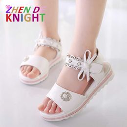 Sandals 2022 Newest Girls Sandals Bow Summer Student Princess Sandals Beads Hollow Soft Bottom Children's Sandals White Pink Size 2636 Z0225