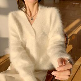 Women's Sweaters 2023 Autumn Winter White Long-sleeve Knitting Jumper Female Fall Soft Pullover Ladies Woman V-neck Mink Cashmere Sweater