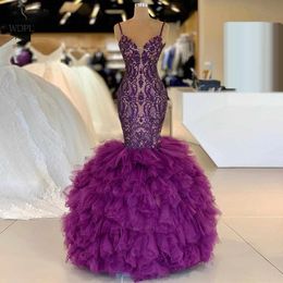 Slim and Flare Dark Purple Trumpet Prom Dresses Spaghetti Straps Elegant Lace Women Formal Occasion Party Gowns Tulle Ruffles Fishtail Skirt Evening Wear CL1918
