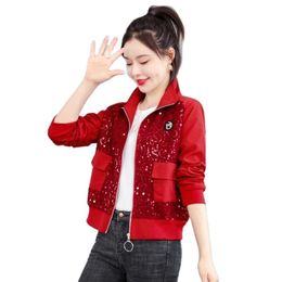 Women s Jackets 2023 Spring Women Red Chic Small Fragrance Short Coat Trendy Fashion Korean Loose High end Splicing Sequin Jacket Female Top 230225