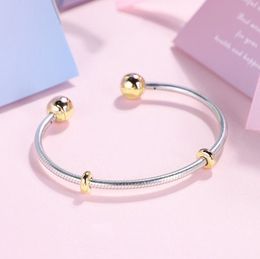 925 Sterling Silver Open Snake Bangle Bracelet with Gold Plated Ball Fits European Pandora Jewellery Charm