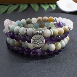 Strand 108 Mala 8mm Natural Amethyst Amazonite Rose Quartz Beaded Elastic Cord Wrap Bracelet Yoga Jewellery Men And Women Charm Bangle