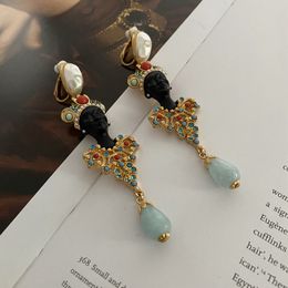 Vintage Women Accessories Jewellery Gold Plated Exotic Egypt Queen Rhinestone Preal Earrings Ear Clips Brooches with box