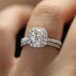 Wedding Rings Fashion Promise Brand Female Square Ring Set Heart Arrow Zircon Silver Color For Women Jewelry