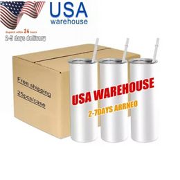 US STOCK 20oz Blanks Sublimation Tumbler Stainess Steel Coffee Tea Mugs Insulted Water Bottles With Plastic Straw And Lid