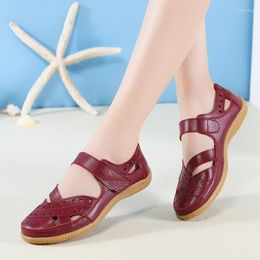 Sandals 2023 Genuine Leather Women's Summer Cut-Outs Woman Flats Shoes Breathable Female Beach Loafers Soft Mother Shoe