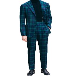 Men's Suits & Blazers Piece Est Men Blue Plaid Cotton British High Quality Formal Wedding Tuxedos Customised Fit Lapel Coat PantMen's