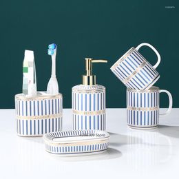 Bath Accessory Set Nordic Bathroom Supplies / Accessories Creative Striped Ceramic Toothbrush Holder Soap Dispenser Tray Five-piece