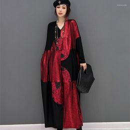 Casual Dresses Chinese Style Party Long Dress V Neck Full Sleeve Large Size Autumn Pullovers Vestido De Fiesta