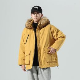 Men's Down Japanese Style Men Autumn Winter Warm Parkas Big Fur Hat Loose Parka Coat Solid Color Plus Size Pocket Cotton Overcoat 3XL
