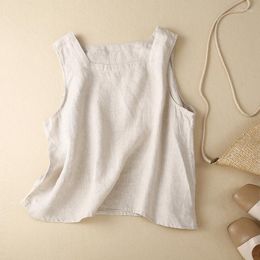 Women's Tanks Limiguyue Cotton Linen Vest Women Square Neck Sleeveless Tank Tops Summer Vintage Tshirts Leisure Elegant Loose Outer Wear