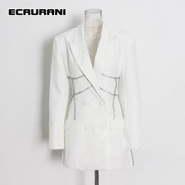 Casual Dresses ECRURANI White Patchwork Pearl For Female Notched Long Sleeve High Waist Slimming Solid 2023 Women's Summer Dress