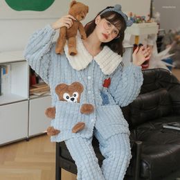 Women's Sleepwear Winter Women Pajamas Sets Thicken Cartoon Bear Pijamas Femme Korean Girls Soft Warm Kawaii Pijama Set Flannel Pyjamas