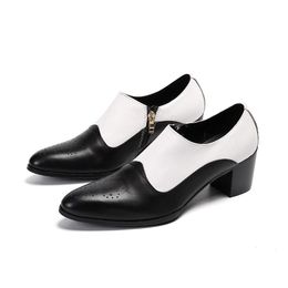 Dress Shoes Black And White Mens Formal Genuine Leather High Heel Office Men Breathable Patchwork Pointed Toe Zipper