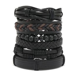 Handmade Rope Leather Braided Multilayer Wooden Beaded Charm Bracelets Jewelry Set Adjustable Male Bangle