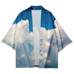 Men's Casual Shirts Summer Style Blue Sky And White Clouds Striped Art Shirt Beach Women's Kimono ShirtMen's