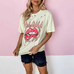 Summer Lips Letter Print T Shirts Short Sleeve Burnt Flower Hole Loose Fitting