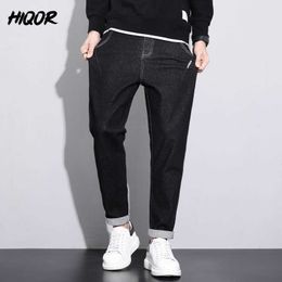 Men's Pants HIQOR Spring New Men's Trousers High Street Style Straight Y2k Clothes Button Chic Jeans Stretch Good Quality Black Dark BLue Z0225