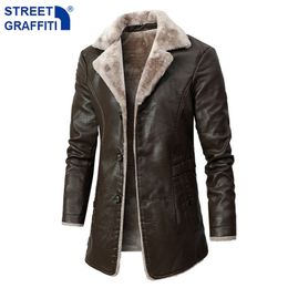 Men's Leather Faux Leather Men Winter Long Thick Fleece PU Leather Jacket Mens Streetwear Casual Business Clothing Porcket Leather Jackets Coat Outwear Men 230225