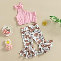 Clothing Sets Fashion Toddler Baby Girls Clothes Summer Sleeveless Off Shoulder Tops Biscuit Print Bell-Bottoms Pants 2pcs Casual Outfits