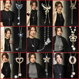 Crystal Flower Autumn and Winter Sweater Chain with Diamond High quality Long Autumn and Winter Tassel Pearl Necklace