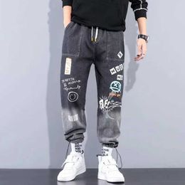 Men's Pants HOUZHOU Men's Jeans Pants Denim Pants Blue High Waisted Jeans Baggy Printed Denim Trousers Male Jeans Hip Hop Streetwear 5XL Z0225