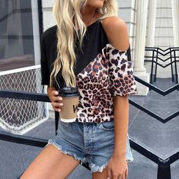 Fashion Tops Leopard Print Hollow Out Short Sleeve Stitching T Shirt For Women