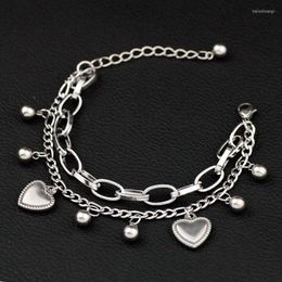 Charm Bracelets Fashion Women Trend Peach Heart Double Layer Chain Stainless Steel Round Bead Bracelet Christmas Gift Jewellery