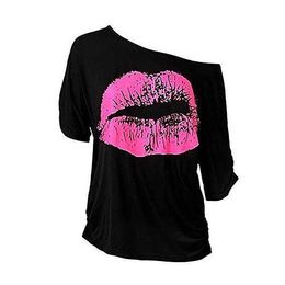 Lip Printings Short Sleeved T Shirt Womens Off Shoulder Irregular Sleeve Length