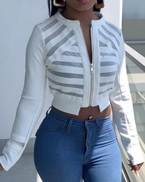 Women's Jackets 2023 Autumn Style O Neck Sheer Mesh Zip Front Long Sleeve White Crop Tops Casual Womens Irregular Coat FashionWo