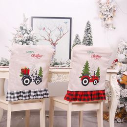 Chair Covers Christmas Back Embroidery Letter Truck With Tree Ruffle Plaid Hem Slipcover Xmas Gifts Year Decorations