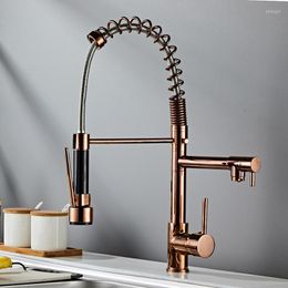 Kitchen Faucets All Copper Style Rose Gold High-pressure Pull-out Large Spring Double-outlet Sink And Cold Water Faucet