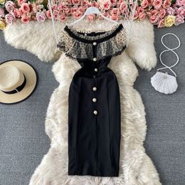 2023 Vestidos Temperament Woman Dress Slash Collar Ladies Robe Dot Print Mesh Dress Summer Ruffled High Waist Elegant Vestido