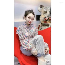 Women's Blouses European Blouse Female 2023 Spring Pearl Lotus Collar Fragmented Blossom Chiffon Women Korean Loose Slim